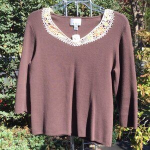 Donna Morgan Lace Trimmed Neck Brown Sweater
